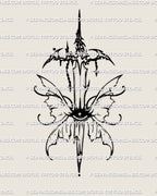 Butterfly sword tattoo design with fairy style wings and an eye detail, fantasy dagger concept with spark accents shown in clean linework.