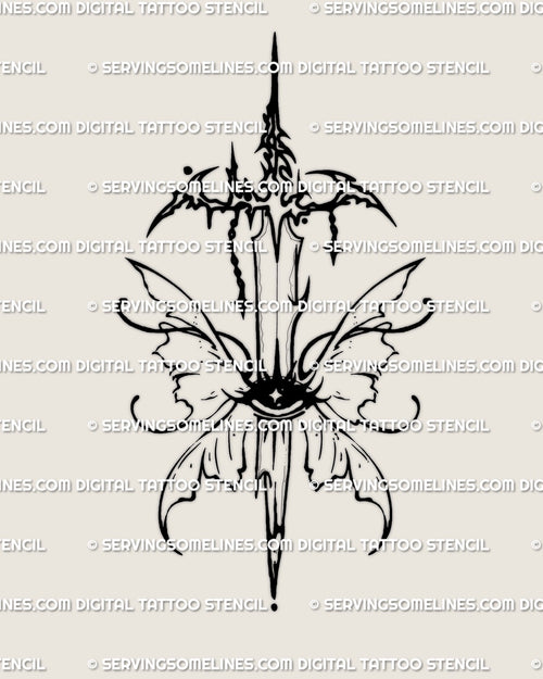 Butterfly sword tattoo design with fairy style wings and an eye detail, fantasy dagger concept with spark accents shown in clean linework.