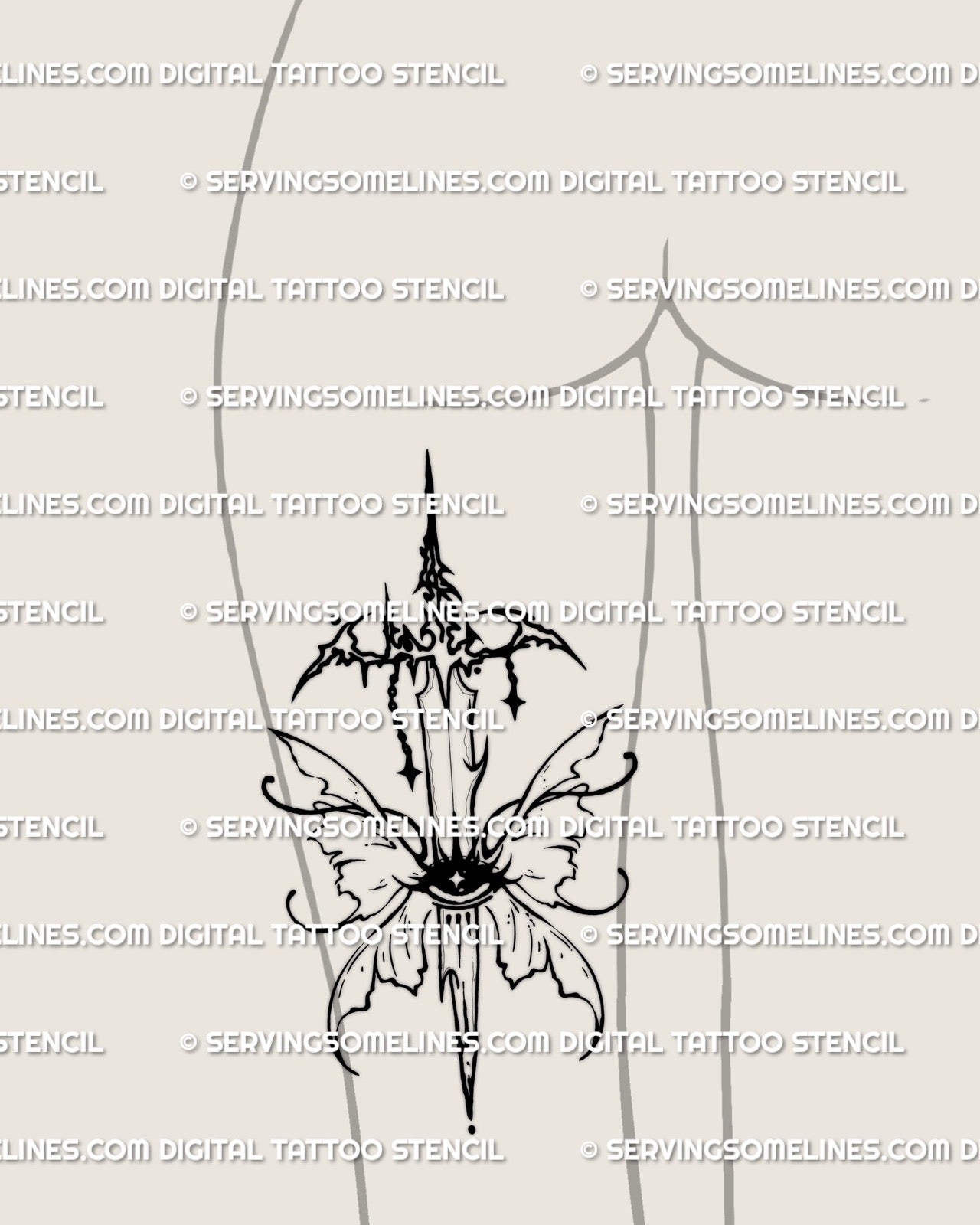 Butterfly sword tattoo on a woman’s thigh with fairy wings and an eye symbol, fantasy dagger stencil shown for leg placement.