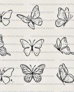 Butterfly tattoo stencil designs sheet with simple outline butterflies, side-view shapes, dotted details, and fine line wings.