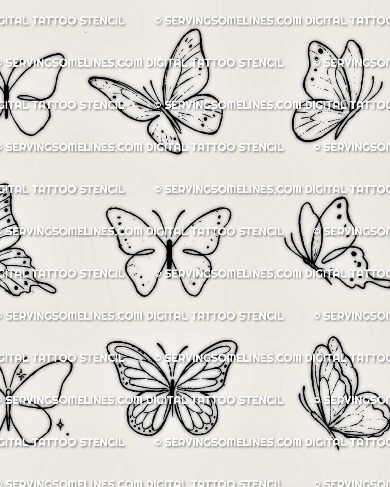 Butterfly tattoo stencil designs sheet with simple outline butterflies, side-view shapes, dotted details, and fine line wings.