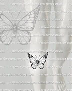 Butterfly tattoo stencil shown under the knee with dark wing edges, clean linework, and dot shading for leg placement