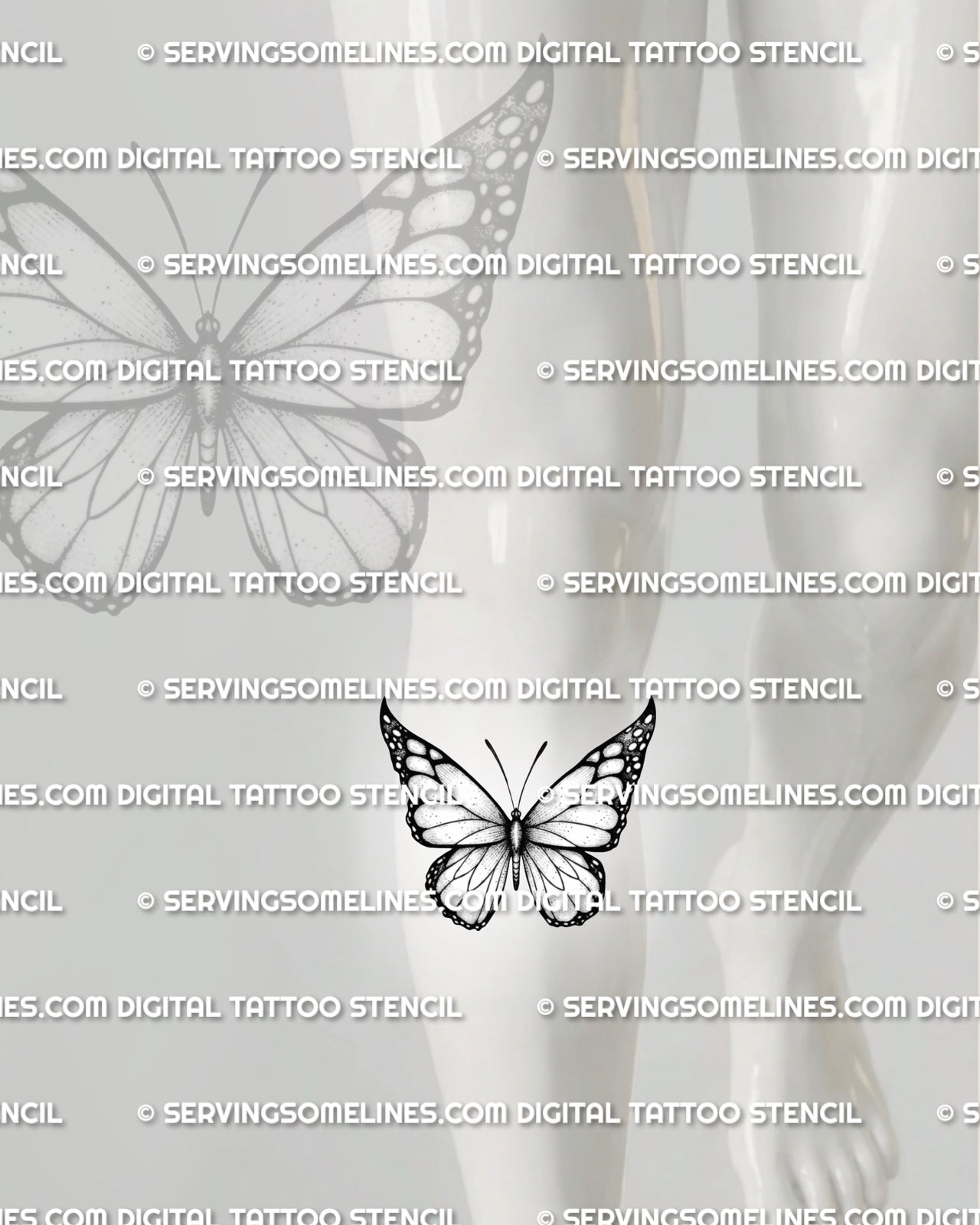 Butterfly tattoo stencil shown under the knee with dark wing edges, clean linework, and dot shading for leg placement