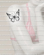 Butterfly tattoo shown on women’s upper arm placement with black and white wings, fine line veins, and soft dot shading