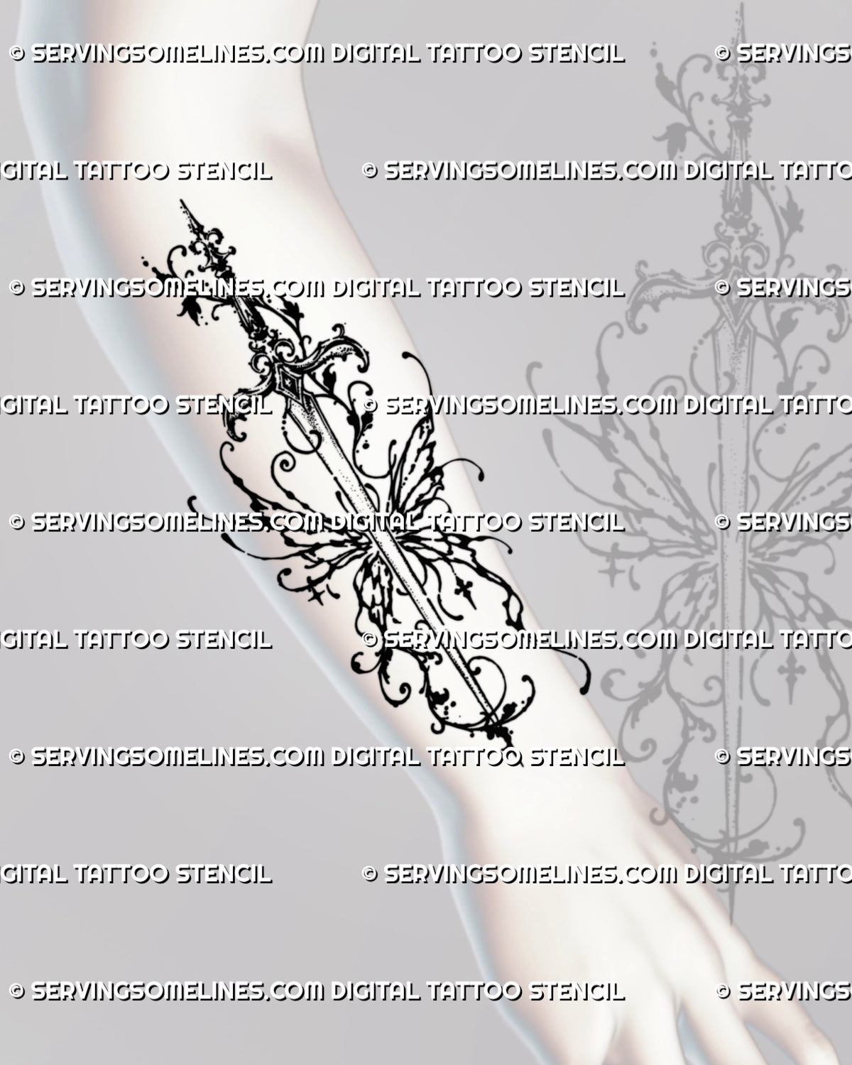 Butterfly wing sword tattoo shown on the forearm with a narrow fantasy blade, irregular wings, curling tendrils, distressed black ink, and ethereal gothic details