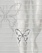 Butterfly with barbed wire tattoo shown under the knee with wrapped knots and hanging wire tips