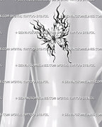 Butterfly with flame wings tattoo shown on the back shoulder blade with wide upper wings, trailing lower flames, stippling, and pointed outer edges