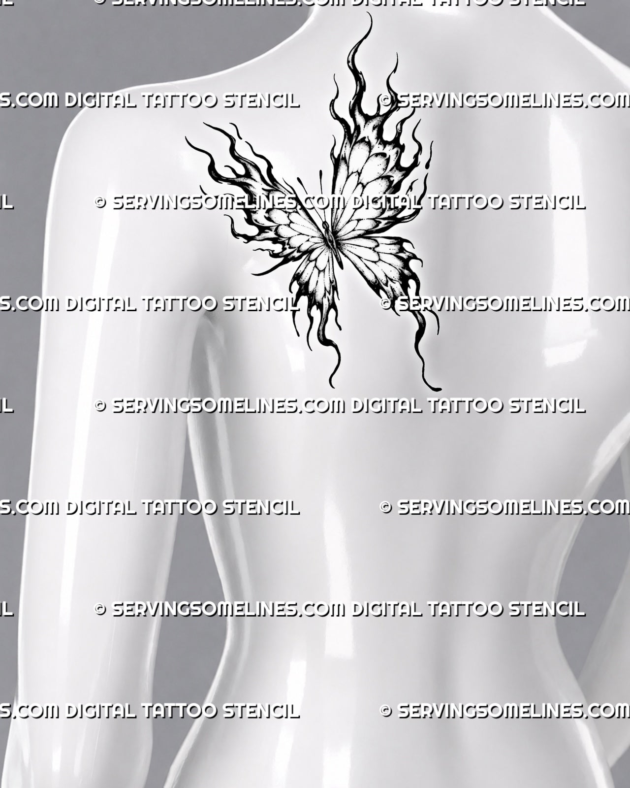 Butterfly with flame wings tattoo shown on the back shoulder blade with wide upper wings, trailing lower flames, stippling, and pointed outer edges
