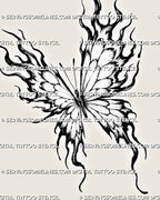 Detailed butterfly with flame wings tattoo design showing segmented wing panels, curved fire edges, narrow antennae, open negative space, and dot shading