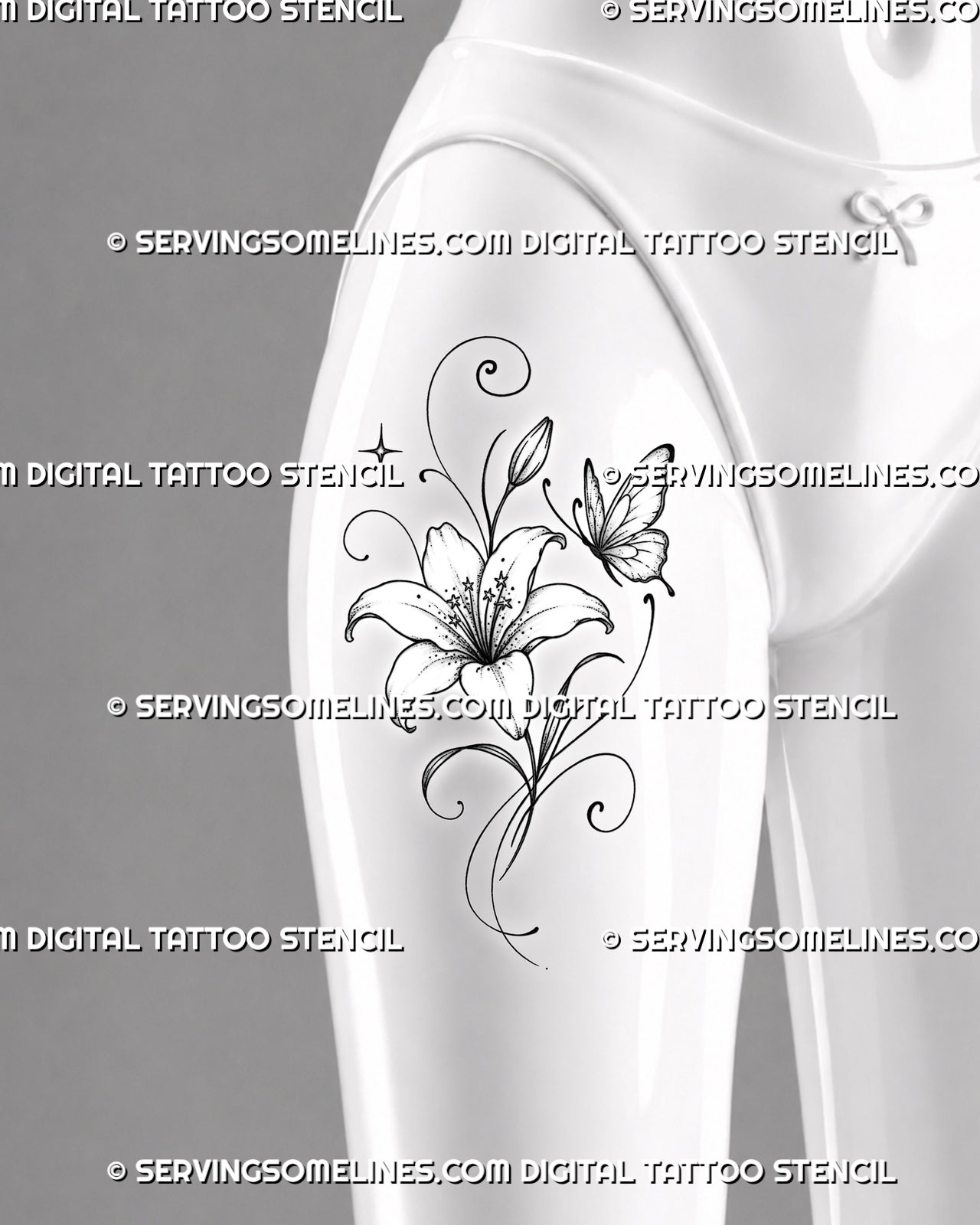 Butterfly and lily tattoo shown on women’s thigh with a detailed flower, fine wing lines, long leaves, ornamental curls, and small celestial accents