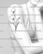 Calla lily line art tattoo shown on women’s arm with two recognizable flowers, curved pointed leaves, fine botanical contours, and light dot shading