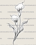 Calla lily tattoo stencil with two trumpet-shaped blooms, visible central spadices, slender crossing stems, curved leaves, and fine stippled shading