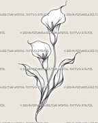 Calla lily tattoo stencil with two trumpet-shaped blooms, visible central spadices, slender crossing stems, curved leaves, and fine stippled shading