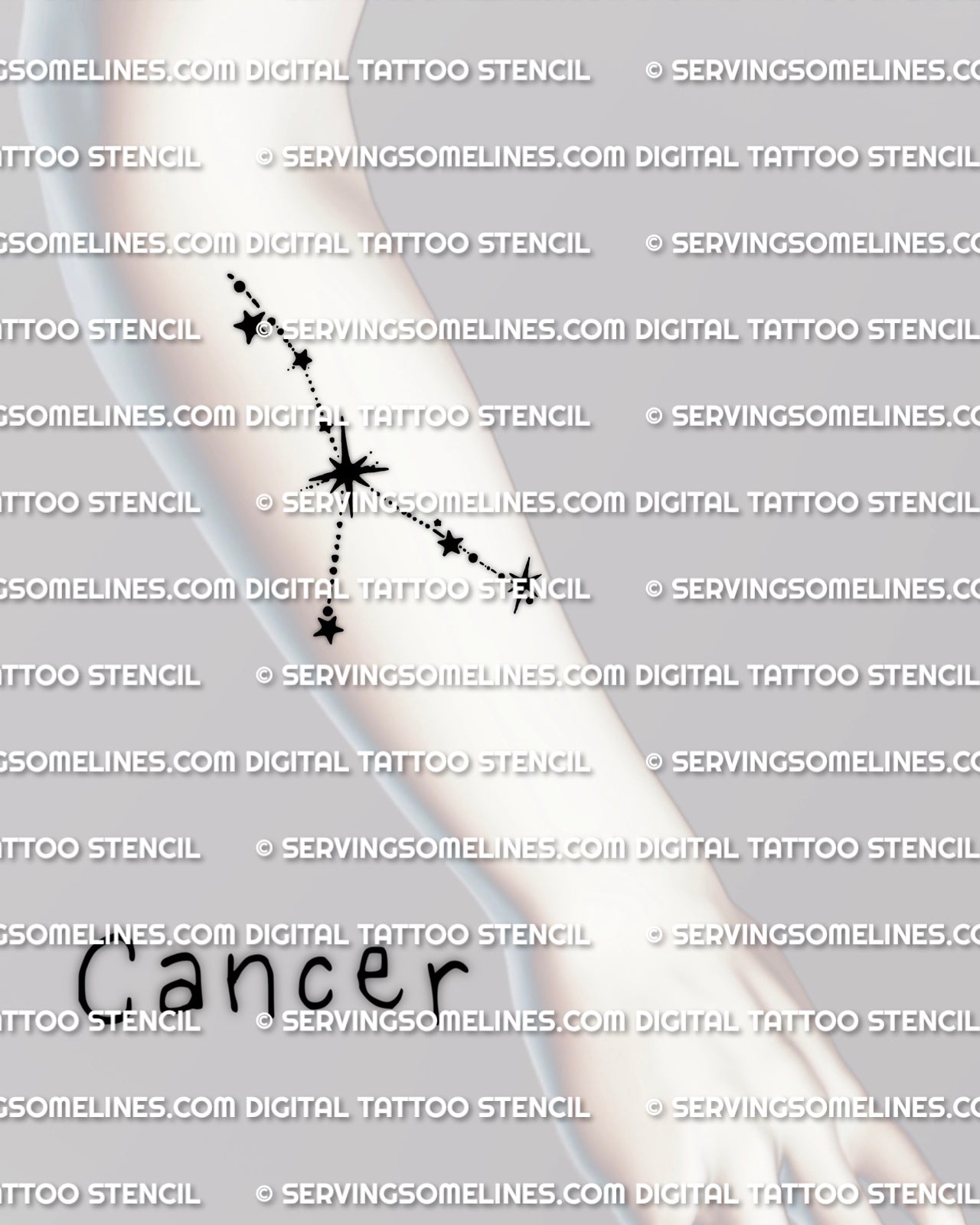Cancer constellation tattoo displayed on forearm placement, simple Cancer constellation stars tattoo, clean minimal star line design.