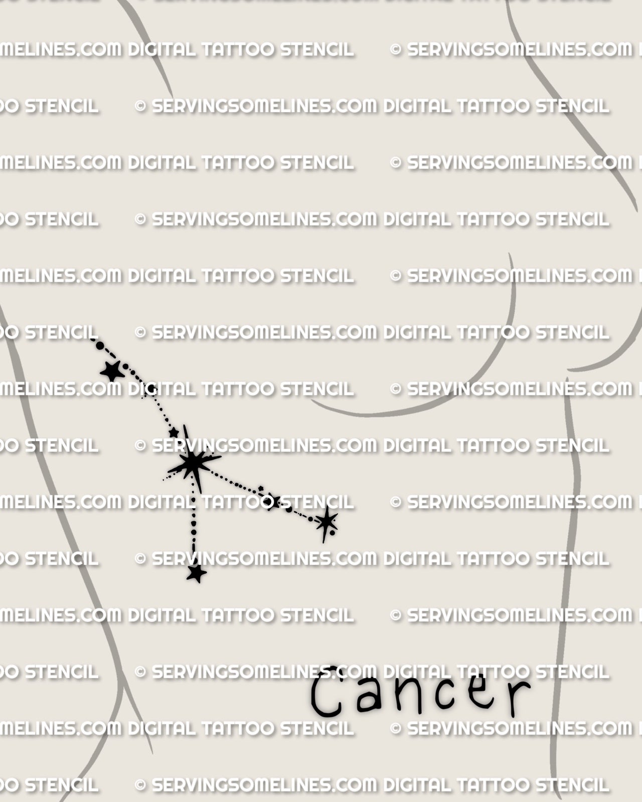 Cancer constellation tattoo displayed on womens side breast placement, small Cancer zodiac constellation tattoo with minimalist stars. 