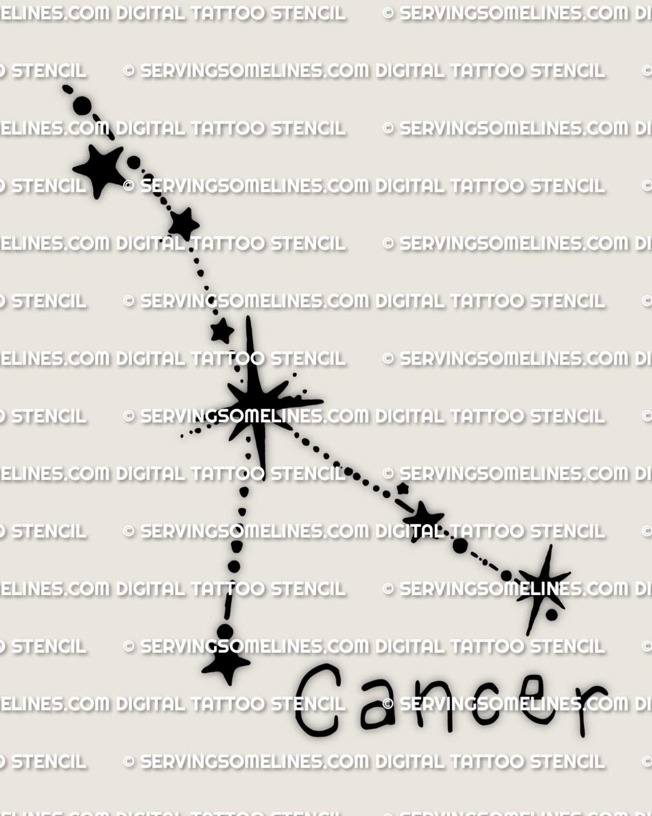 Cancer constellation tattoo stencil design, minimalist Cancer star constellation tattoo with clean dot stars, printable stencil file.v