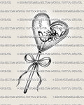 Candy heart lollipop tattoo stencil with scorpion detail, dotted heart texture, bow handle, and black outline.