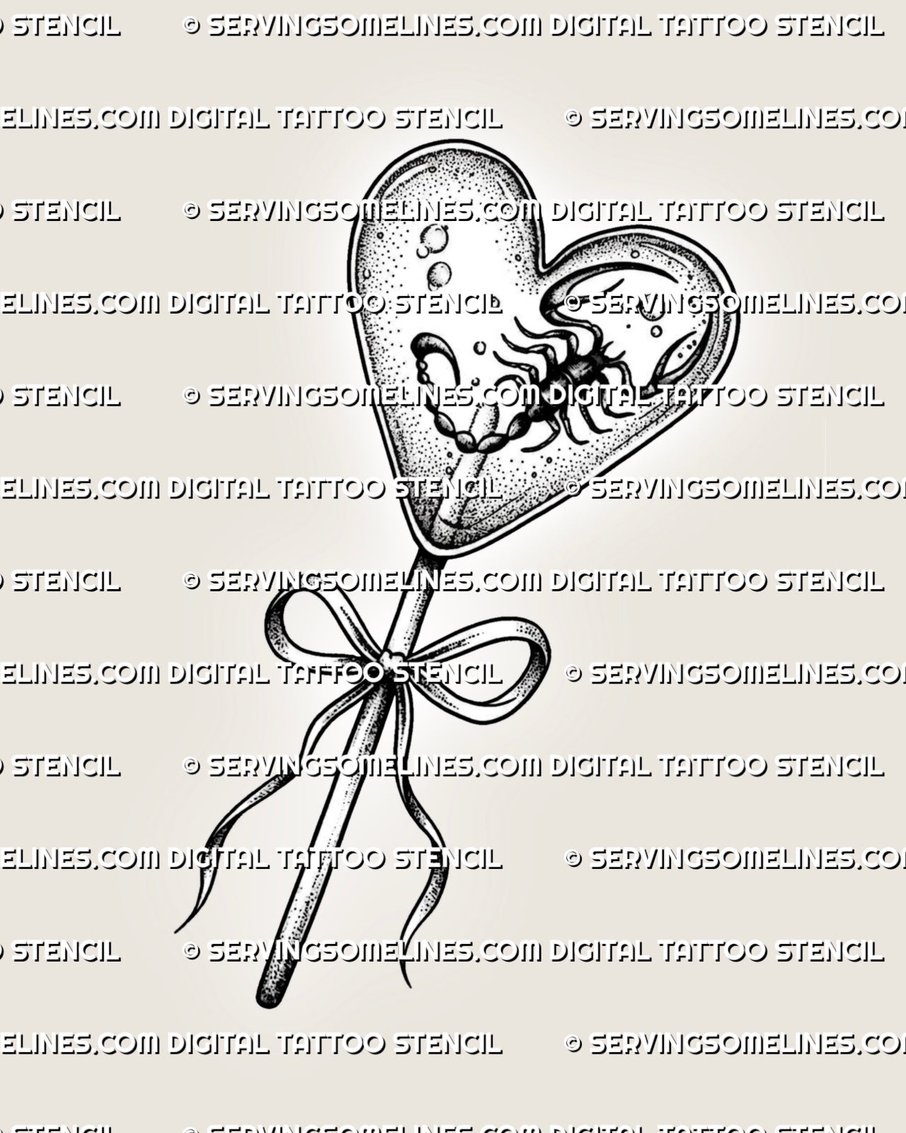 Candy heart lollipop tattoo stencil with scorpion detail, dotted heart texture, bow handle, and black outline.