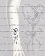 Candy heart tattoo stencil shown on wrist placement with lollipop handle, dotted heart texture, and scorpion detail.