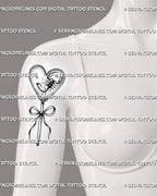 Candy heart lollipop tattoo shown on womens front upper arm with scorpion detail and clean black stencil linework.