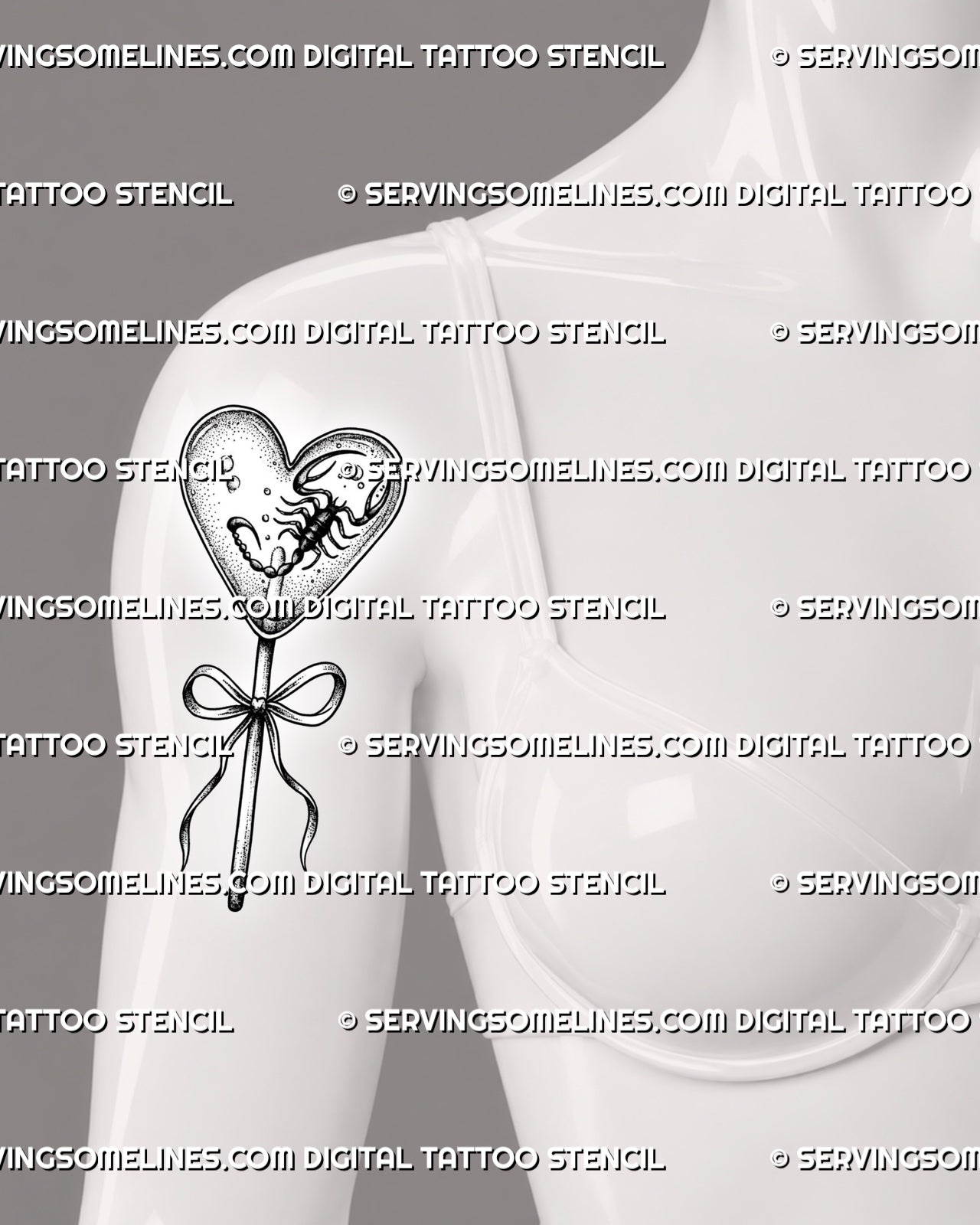 Candy heart lollipop tattoo shown on womens front upper arm with scorpion detail and clean black stencil linework.