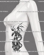 Castle dragon tattoo stencil shown on women’s ribs with tall castle tower, wrapped dragon body, wings, and vertical medieval fantasy layout