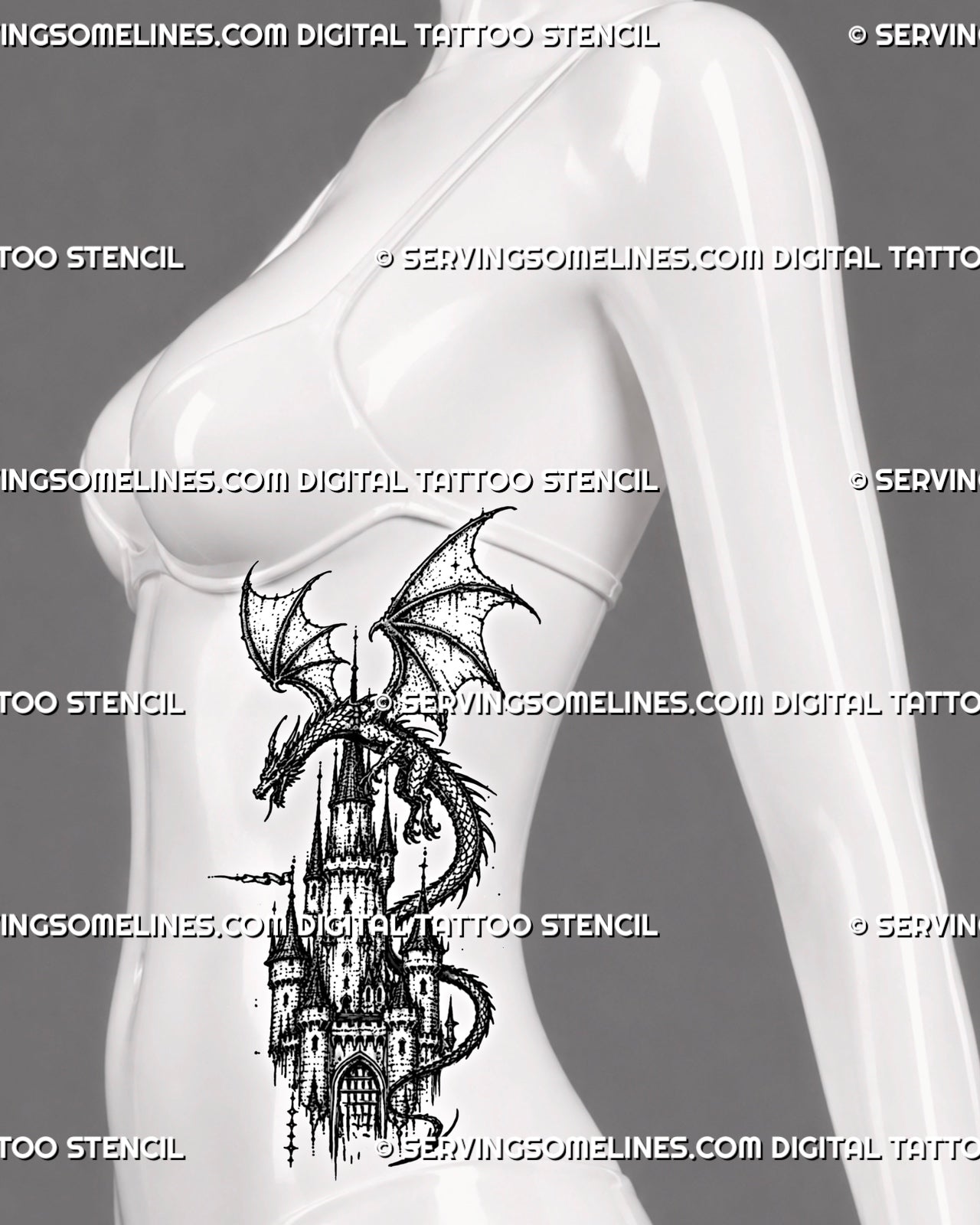 Castle dragon tattoo stencil shown on women’s ribs with tall castle tower, wrapped dragon body, wings, and vertical medieval fantasy layout