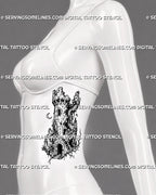 Castle ruins tattoo stencil shown on women’s ribs with medieval watchtower shape, broken walls, arched doorway, roots, and dark fantasy mood