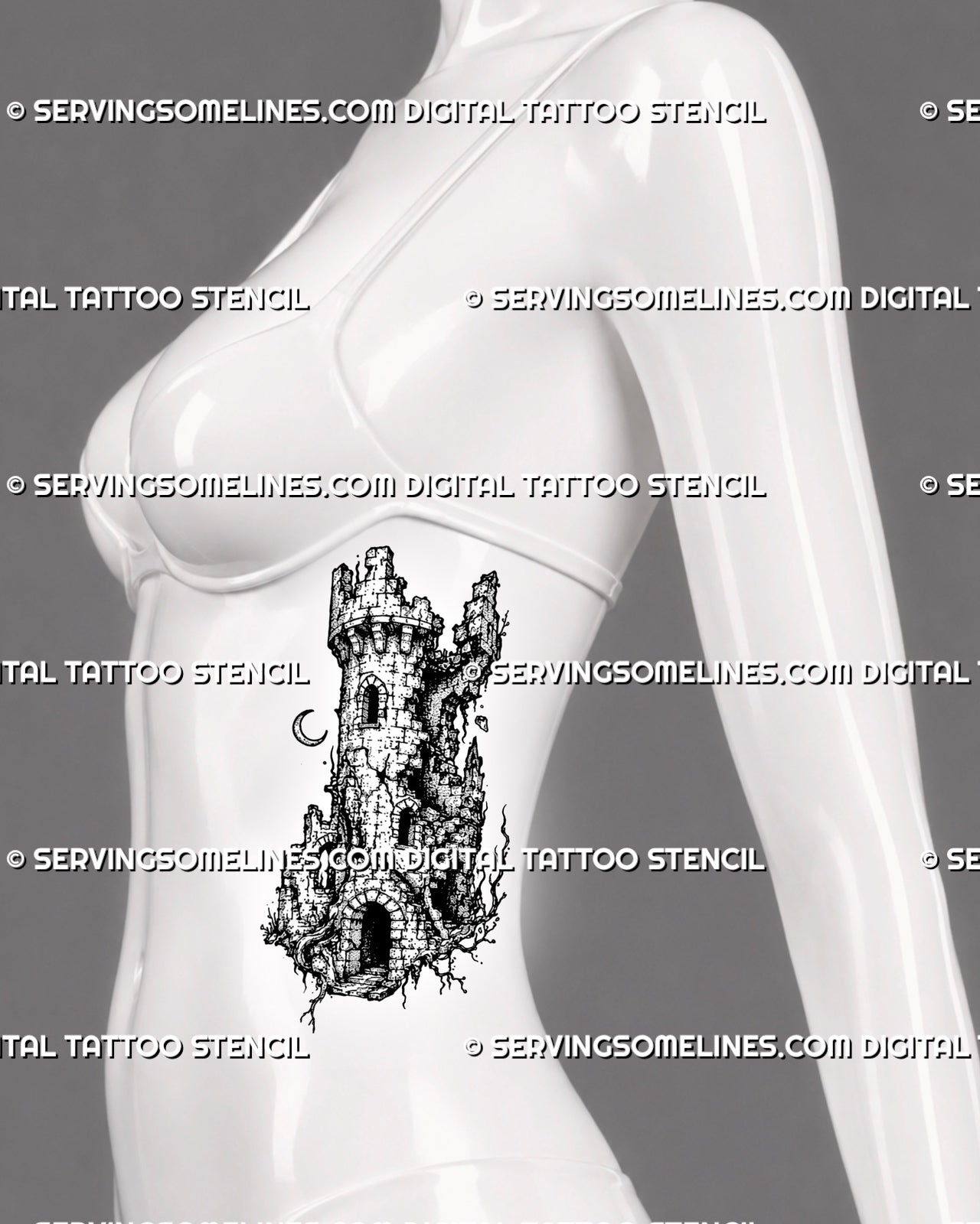 Castle ruins tattoo stencil shown on women’s ribs with medieval watchtower shape, broken walls, arched doorway, roots, and dark fantasy mood