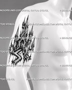 Castle tattoo stencil shown on men’s upper arm with medieval spires, staircase entrance, narrow towers, and dark architectural detail