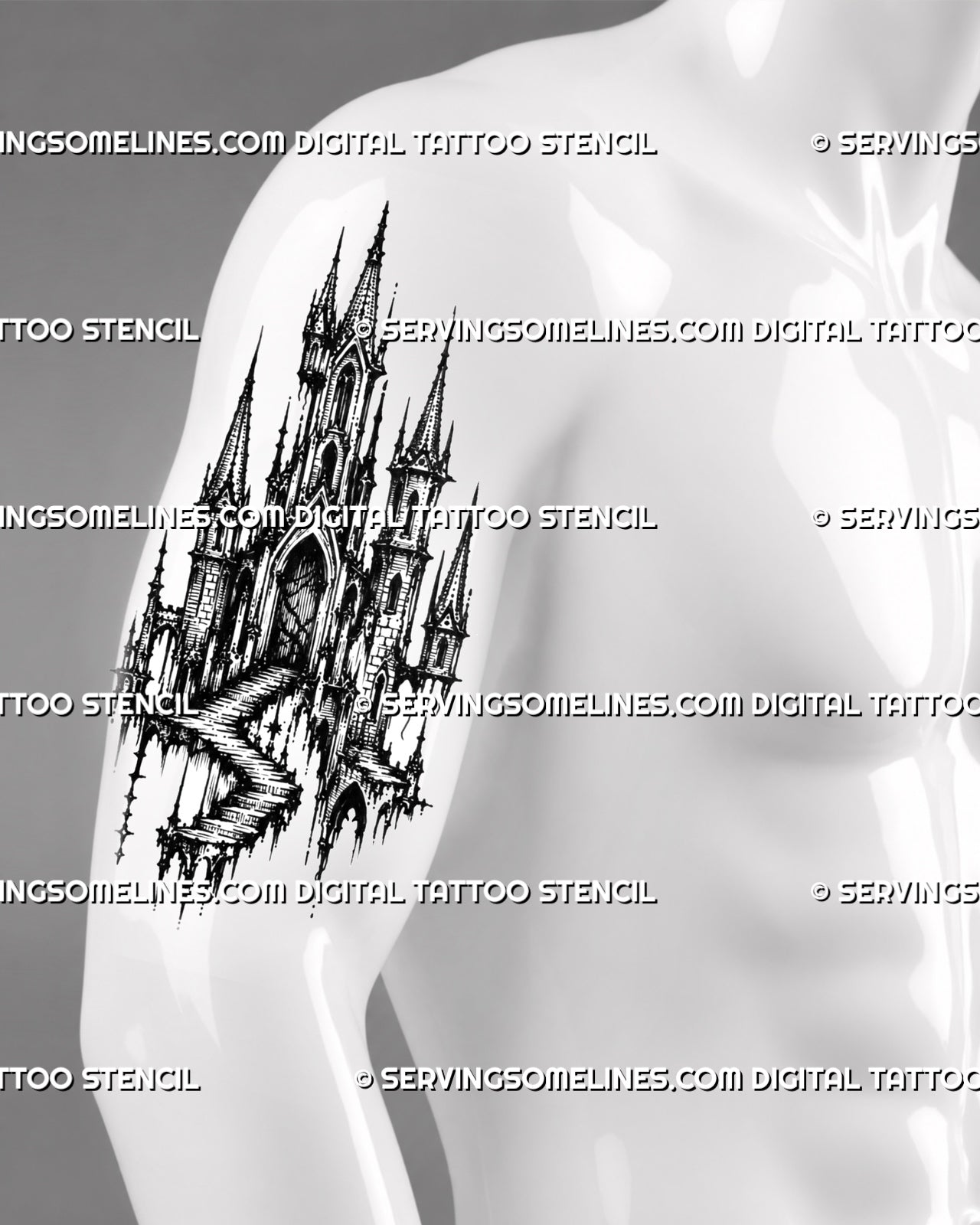 Castle tattoo stencil shown on men’s upper arm with medieval spires, staircase entrance, narrow towers, and dark architectural detail