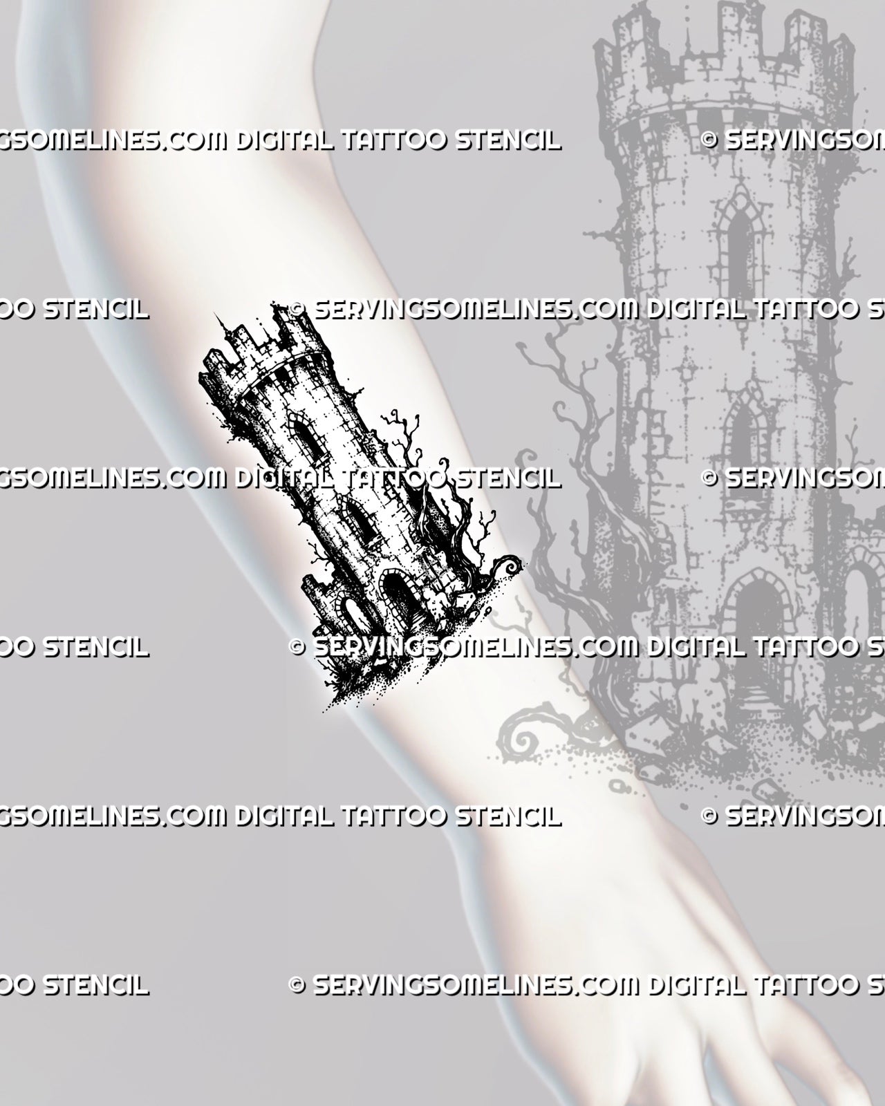 Castle tower tattoo stencil shown on forearm with medieval stone texture, battlement top, arched doorway, and dark fantasy branch detail