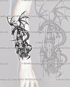 Castle and dragon tattoo stencil shown on forearm with vertical medieval tower, dragon wings, wrapped body, and dark fantasy castle detail