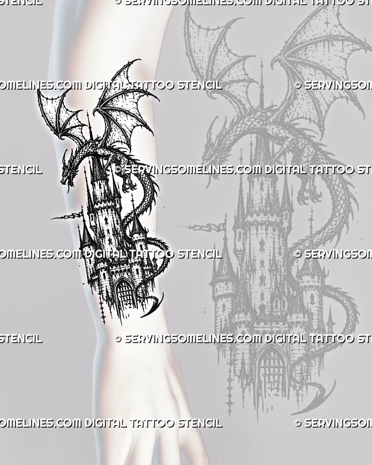 Castle and dragon tattoo stencil shown on forearm with vertical medieval tower, dragon wings, wrapped body, and dark fantasy castle detail