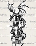Castle and dragon tattoo stencil with winged dragon wrapped around a medieval castle tower, pointed rooftops, arched gate, and dark fantasy texture