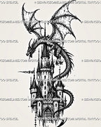 Castle and dragon tattoo stencil with winged dragon wrapped around a medieval castle tower, pointed rooftops, arched gate, and dark fantasy texture