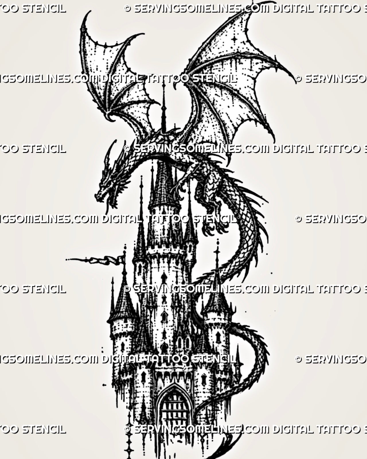 Castle and dragon tattoo stencil with winged dragon wrapped around a medieval castle tower, pointed rooftops, arched gate, and dark fantasy texture