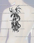Castle and dragon tattoo stencil shown on men’s shoulder back with dragon wings, castle tower, arched windows, and medieval fantasy detail