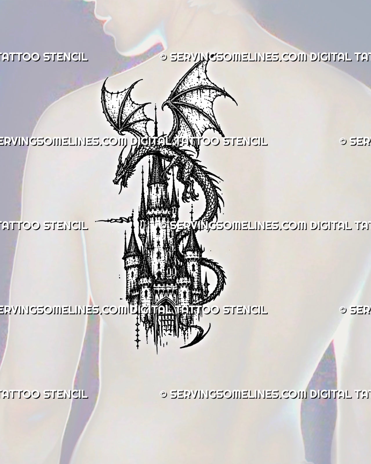 Castle and dragon tattoo stencil shown on men’s shoulder back with dragon wings, castle tower, arched windows, and medieval fantasy detail