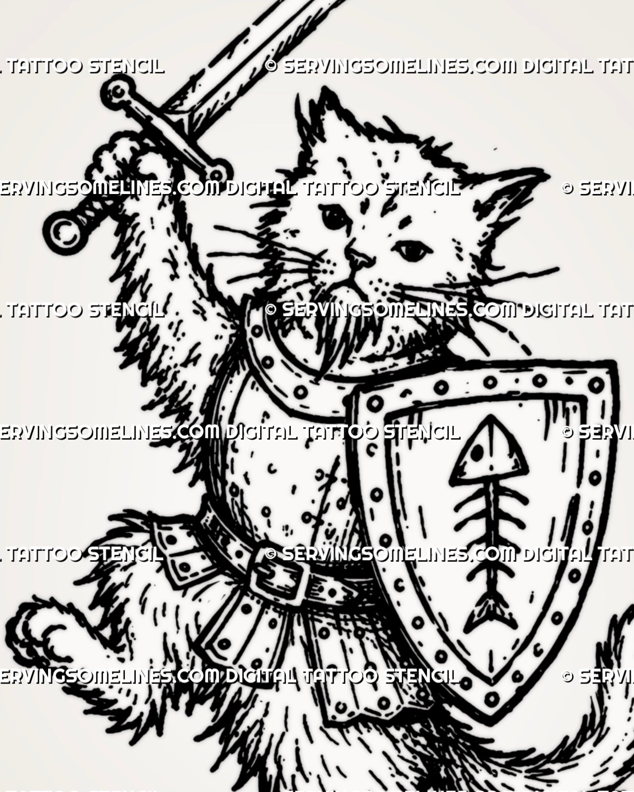 Close design view of cat knight tattoo stencil showing fluffy cat face, raised sword, armor plates, shield with fish-bone emblem, and curled tail detail