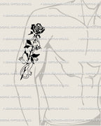 Cat and black rose tattoo in gothic neotribal style, elegant linework blending feline loyalty with the mystery of dark roses