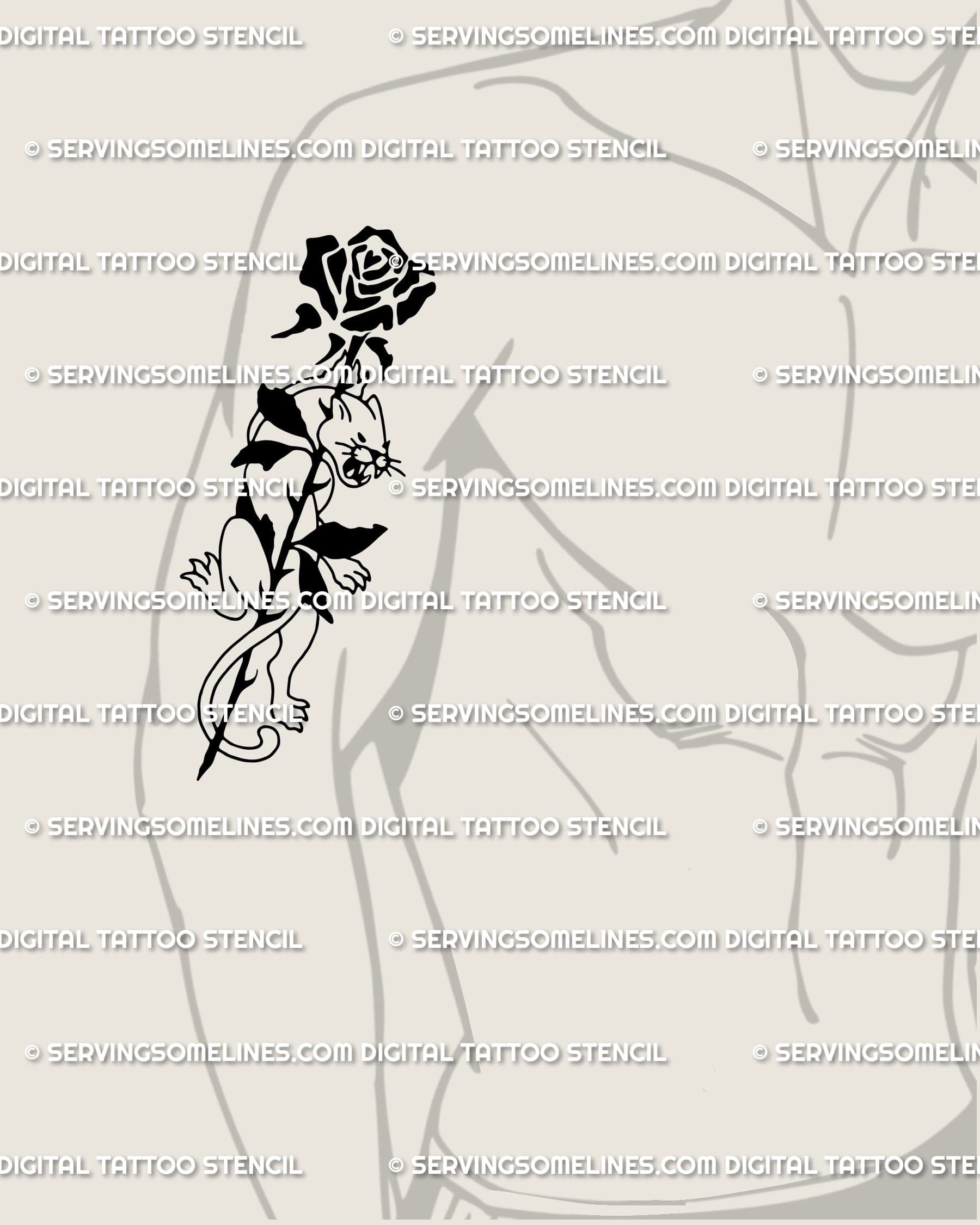 Cat and black rose tattoo in gothic neotribal style, elegant linework blending feline loyalty with the mystery of dark roses