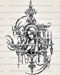 Catholic tattoo stencil with Madonna portrait, rosary beads, crescent detail, candle accents, and clean printable layout. 