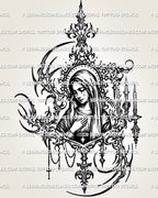 Catholic tattoo stencil with Madonna portrait, rosary beads, crescent detail, candle accents, and clean printable layout. 