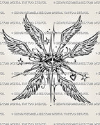 Celestial angel eye tattoo stencil with winged eye symbol, small heart charm, star accents, and printable tattoo design file. 