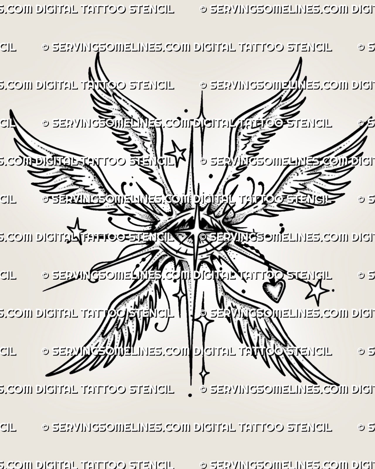 Celestial angel eye tattoo stencil with winged eye symbol, small heart charm, star accents, and printable tattoo design file. 