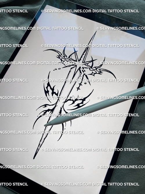 Digital celestial dagger tattoo design previewed on iPad screen, cyber sigil tattoo art in crisp linework.