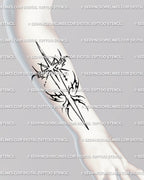 Celestial dagger tattoo stencil placed on forearm, sleek cyber tribal tattoo design with modern celestial edge.
