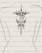Modern celestial tattoo design placed along spine, cyber tribal dagger with star accents and protective symbolism.