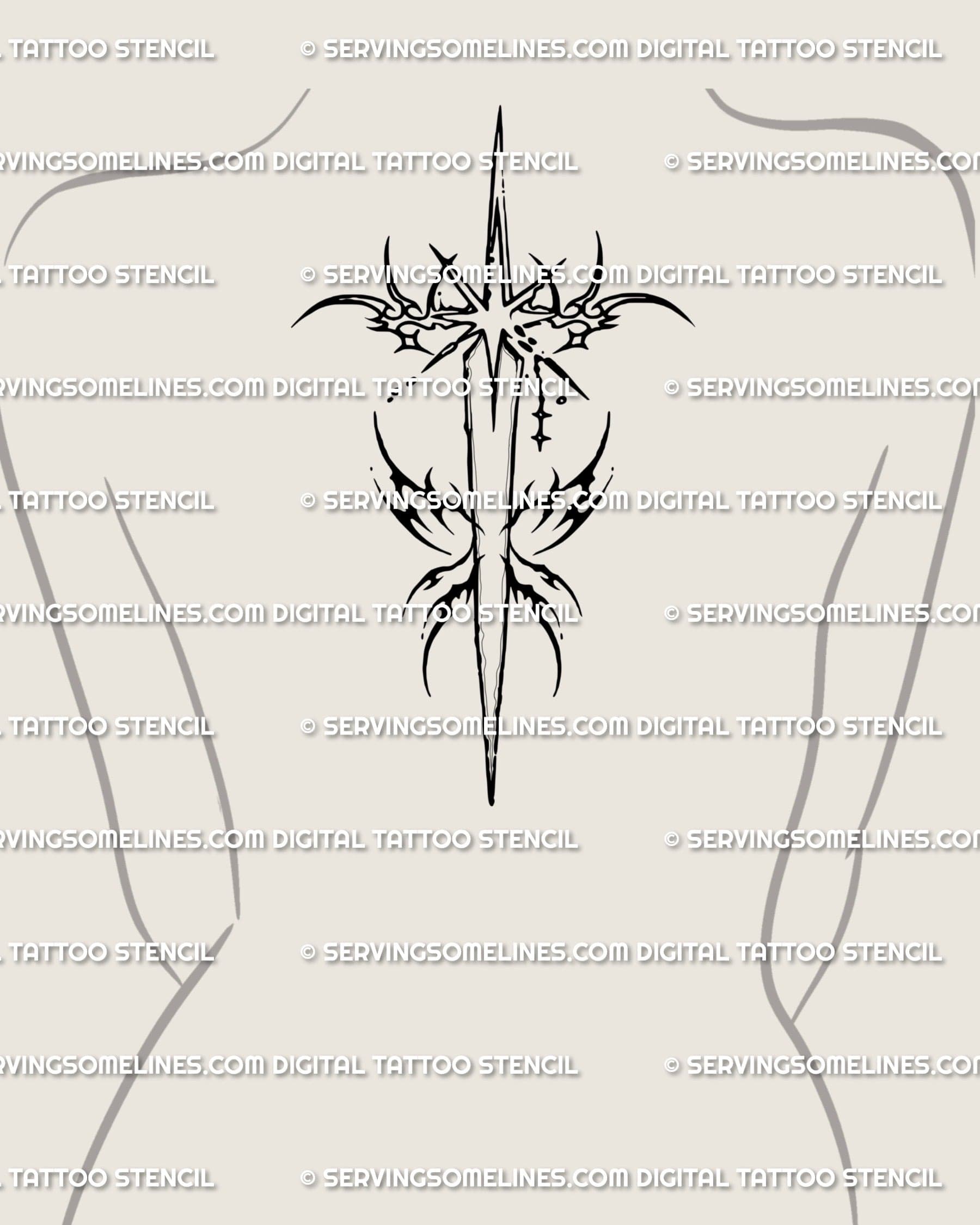 Modern celestial tattoo design placed along spine, cyber tribal dagger with star accents and protective symbolism.